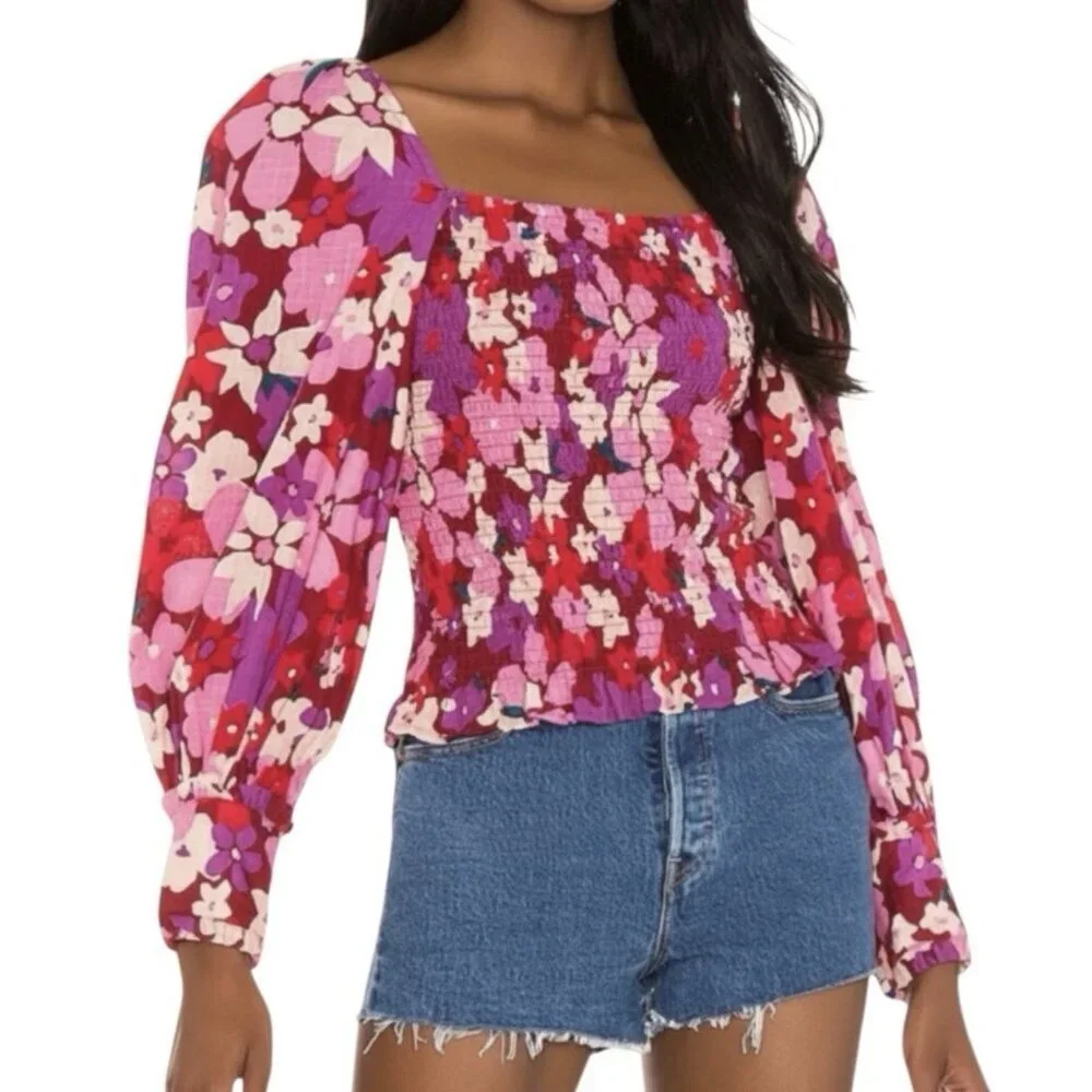 Free People Ariana Smocked Floral Top M Pink Red Balloon Sleeve Cottagecore